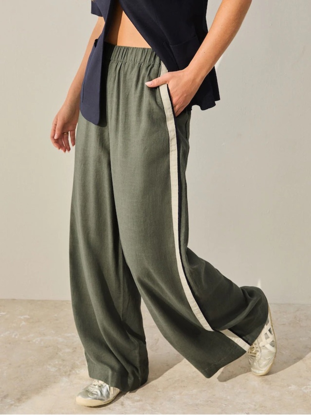 Oysho Wide-Leg Olive Track Pants with Side Stripe